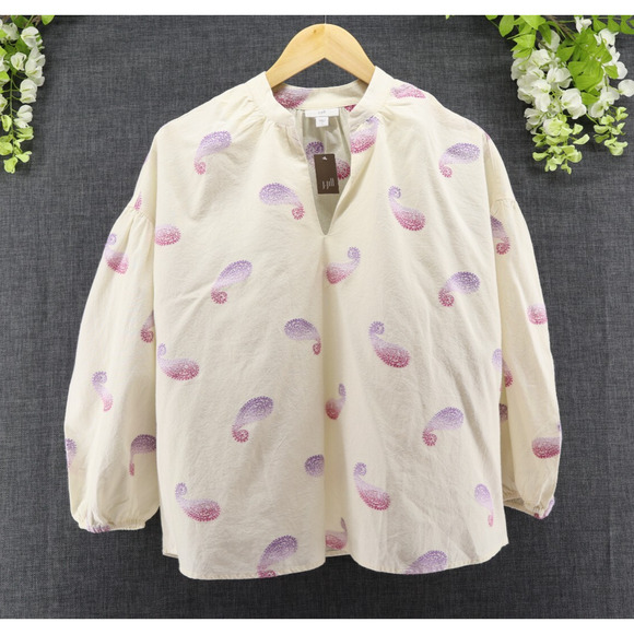 J. Jill Women's Oversized Split Neck Top Paisley Balloon Sleeves Sz S NWT - Picture 1 of 10